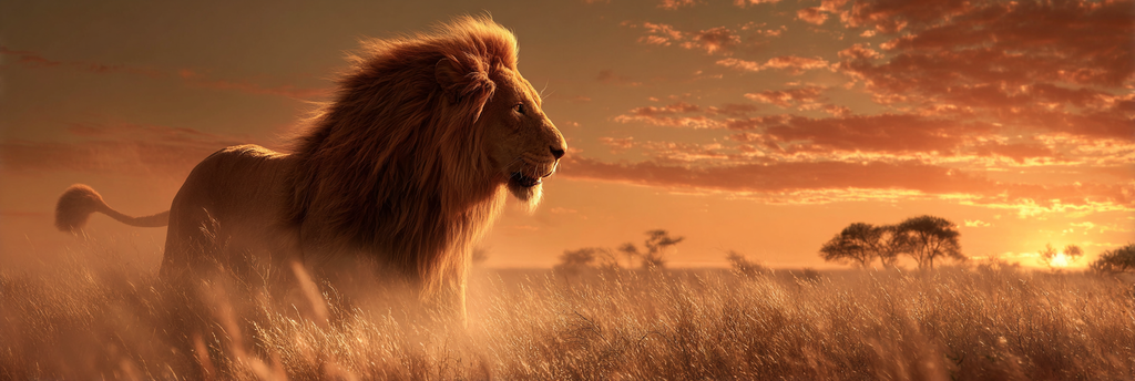 Löwe Im Grass Beim Sonnenuntergang Mit Orangem Himmel | Safari und Wildtiere | Tiere