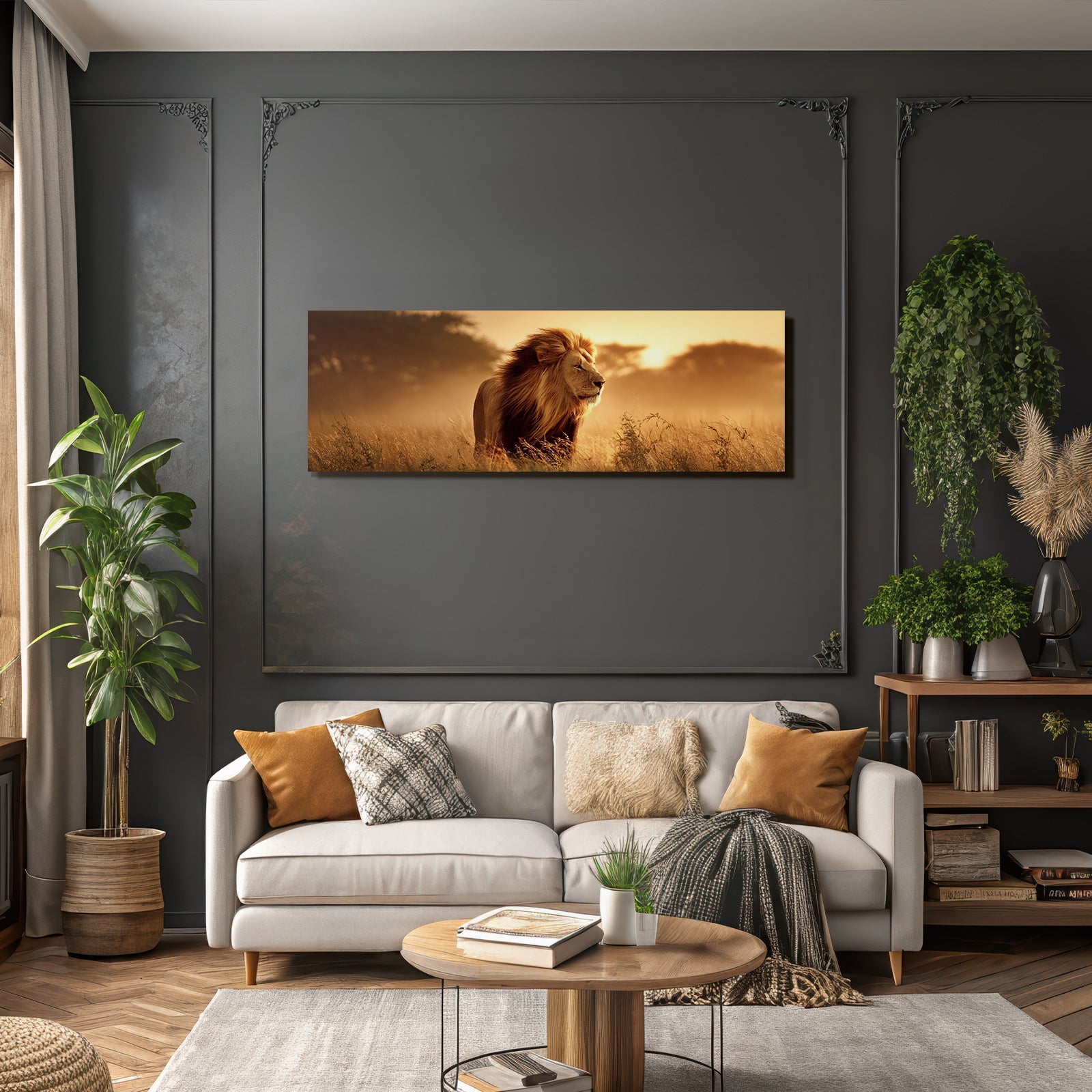 Löwe In Der Natur Im Goldenen Stundenlicht Mit Hohem Gras