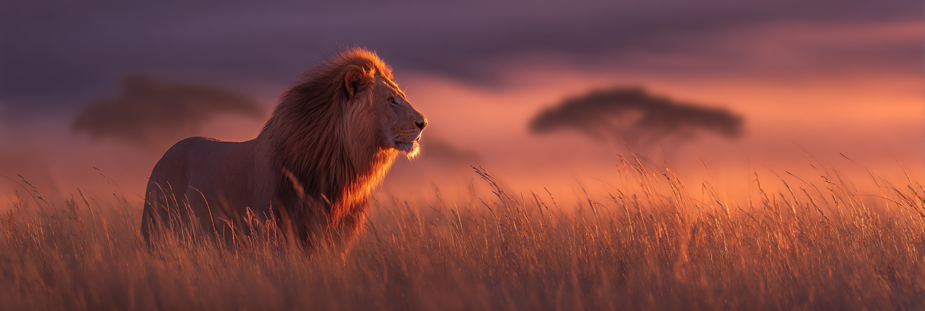 Löwe In Langem Gras Bei Sonnenuntergang Oder Sonnenaufgang | Safari und Wildtiere | Tiere
