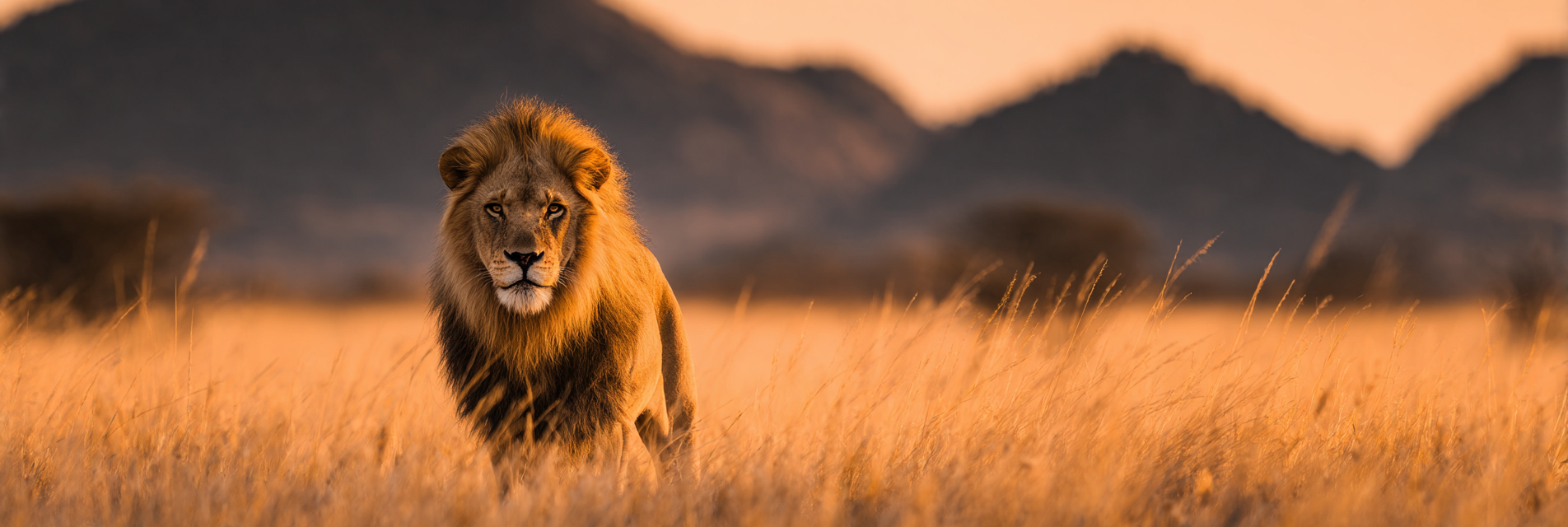 Löwen Im Grüne Mit Bergen Im Hintergrund Und Goldenem Himmel | Safari und Wildtiere | Tiere