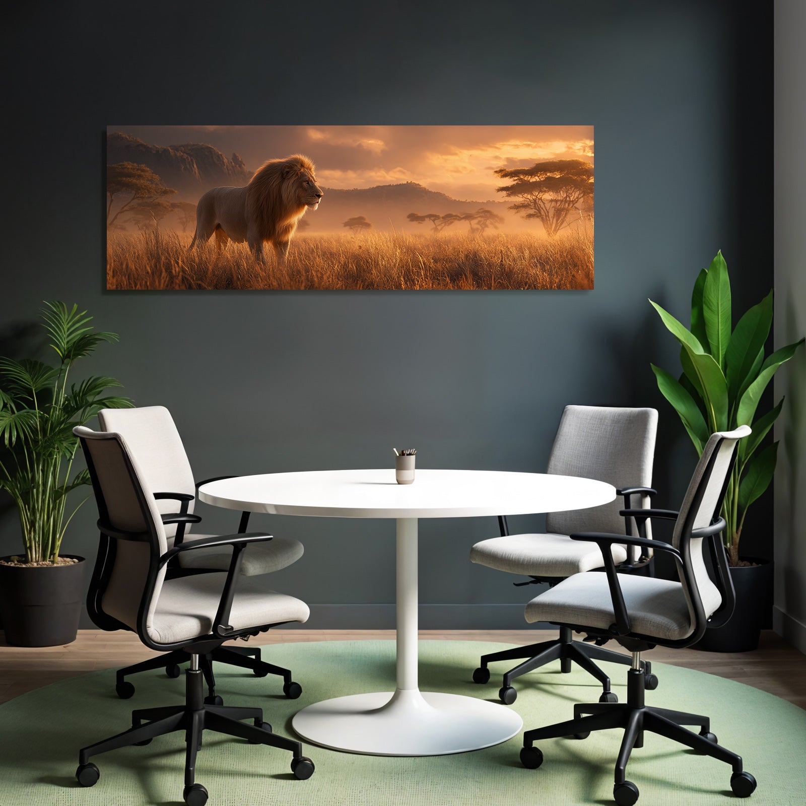 Majestätischer Löwe Im Savannenlandschaft Bei Sonnenuntergang