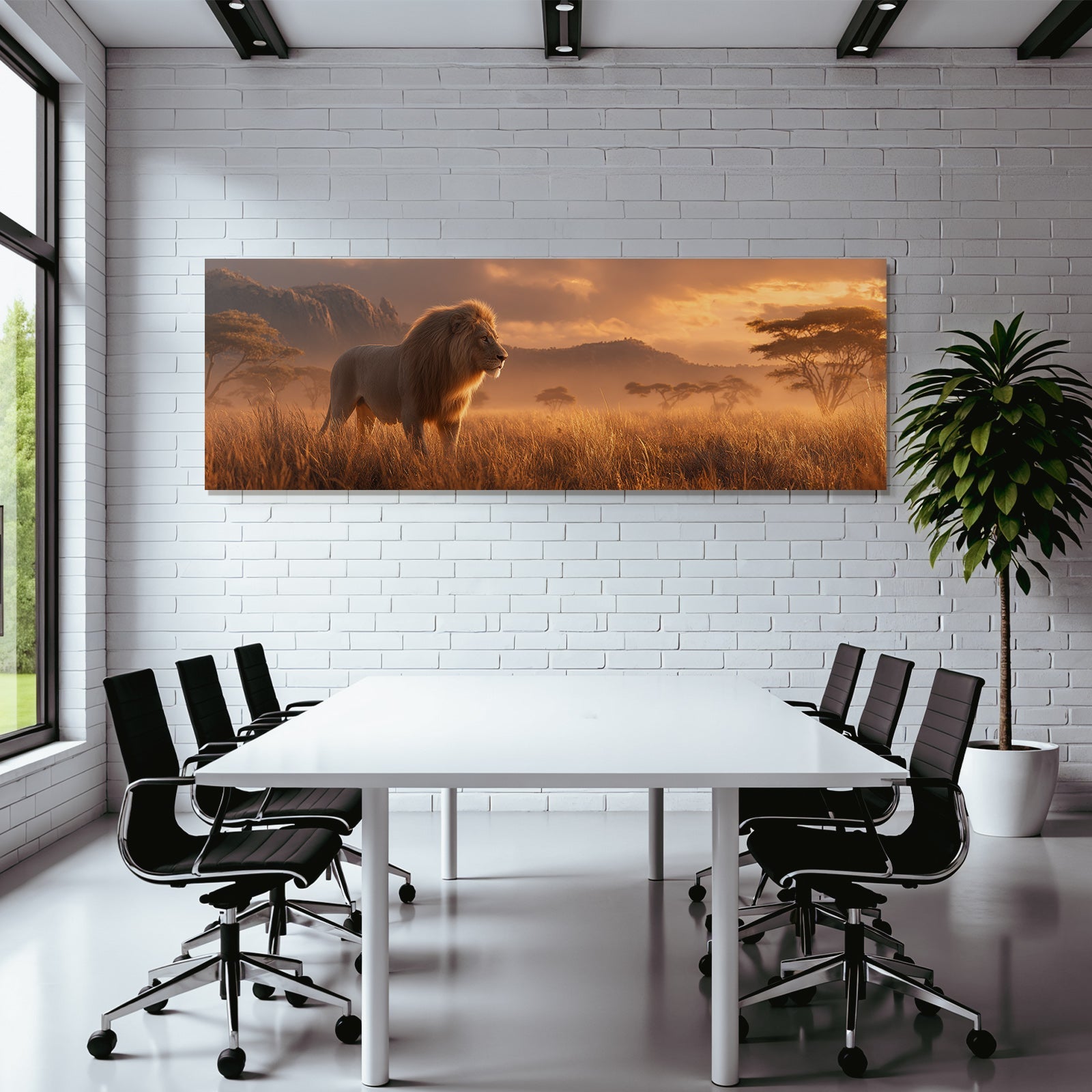 Majestätischer Löwe Im Savannenlandschaft Bei Sonnenuntergang