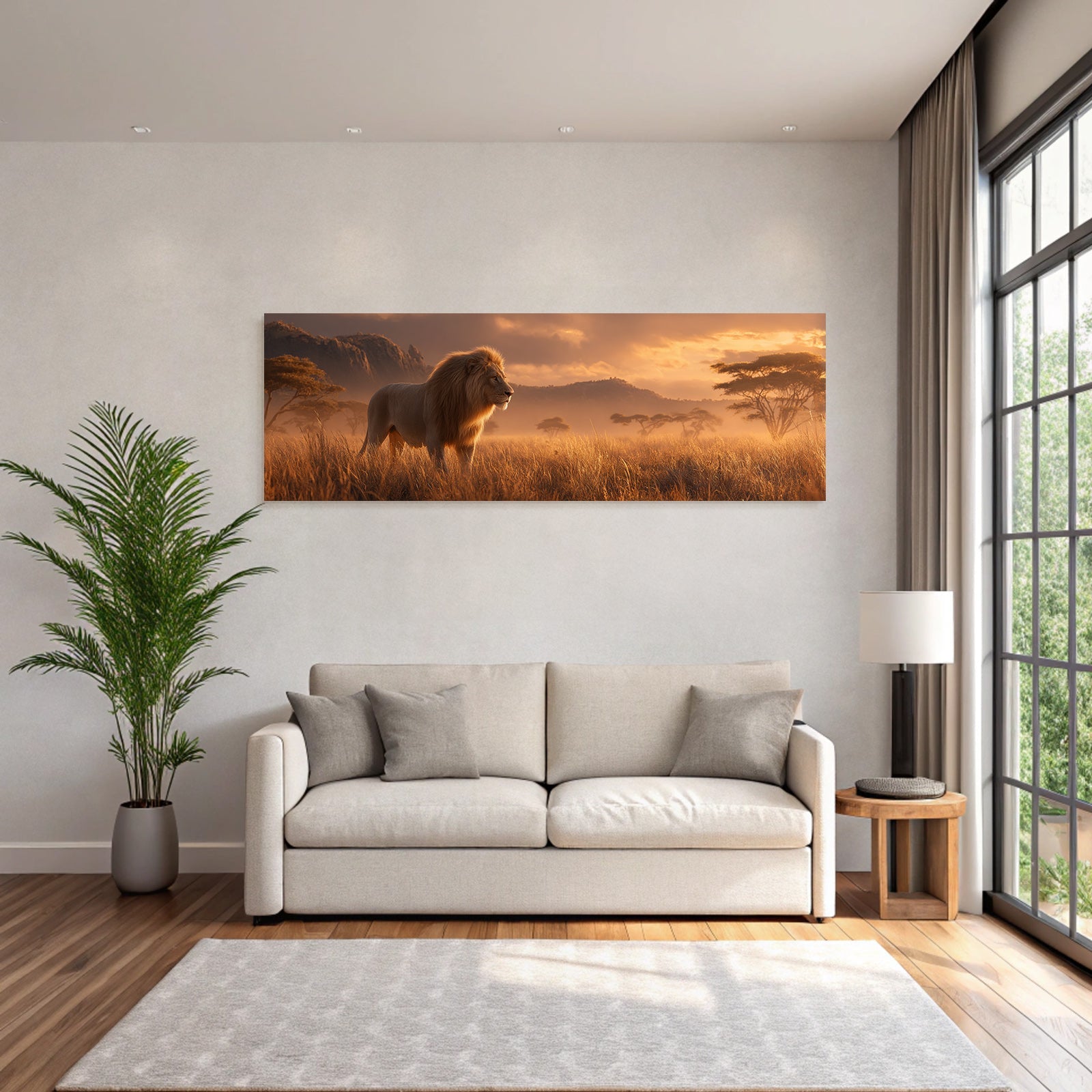 Majestätischer Löwe Im Savannenlandschaft Bei Sonnenuntergang