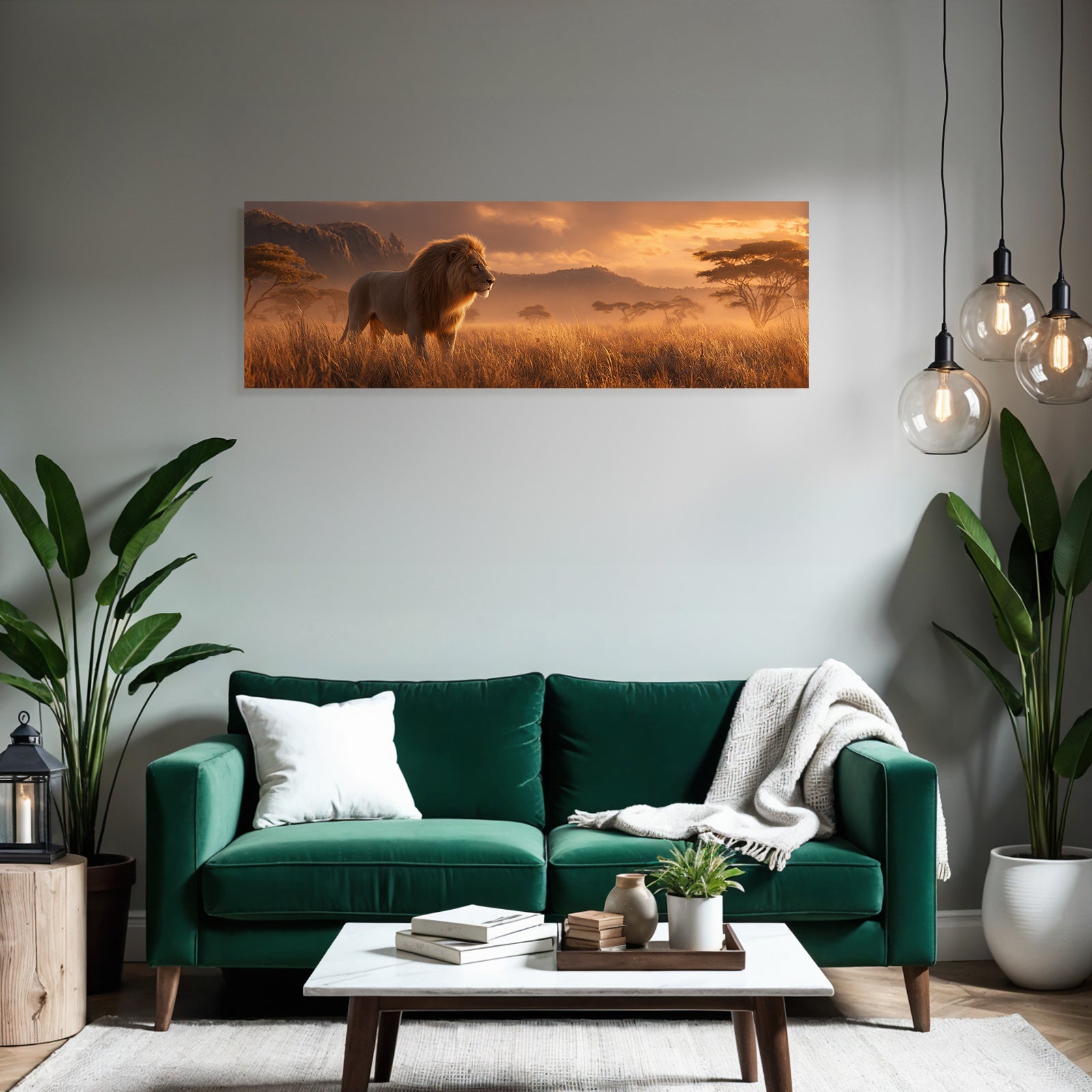 Majestätischer Löwe Im Savannenlandschaft Bei Sonnenuntergang