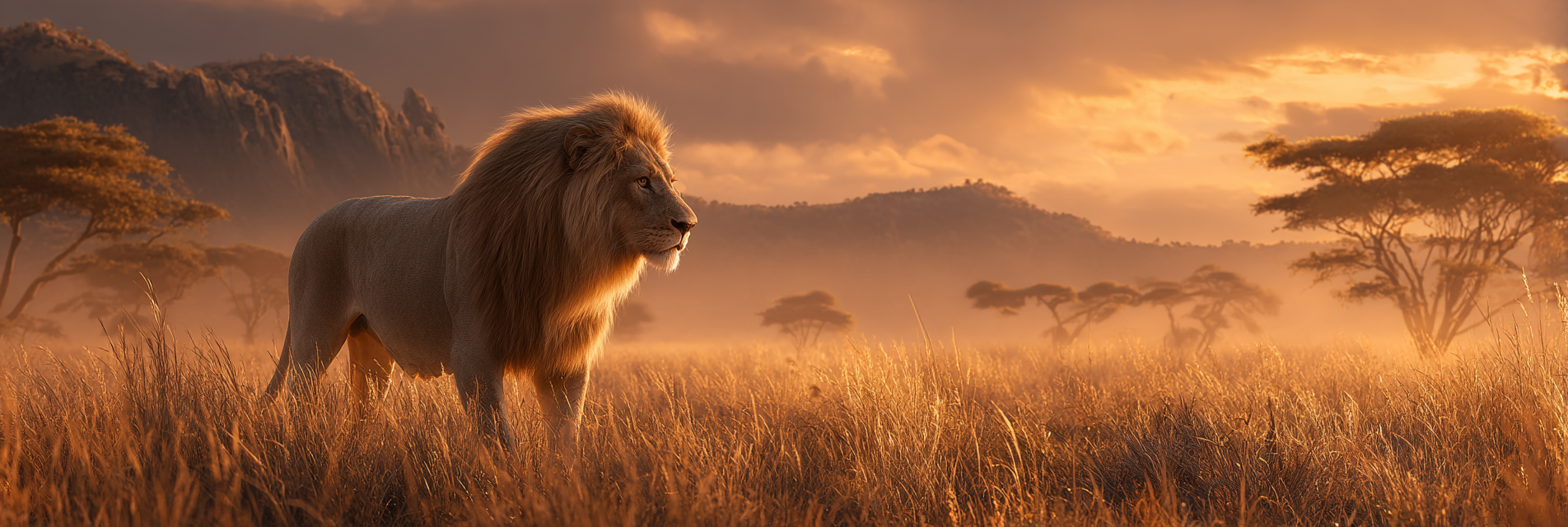 Majestätischer Löwe Im Savannenlandschaft Bei Sonnenuntergang | Safari und Wildtiere | Tiere