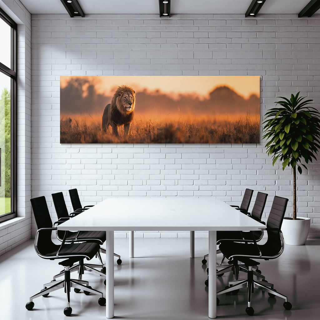 Majestätischer Löwe In Grasiger Landschaft Bei Sonnenaufgang Oder Sonnenuntergang