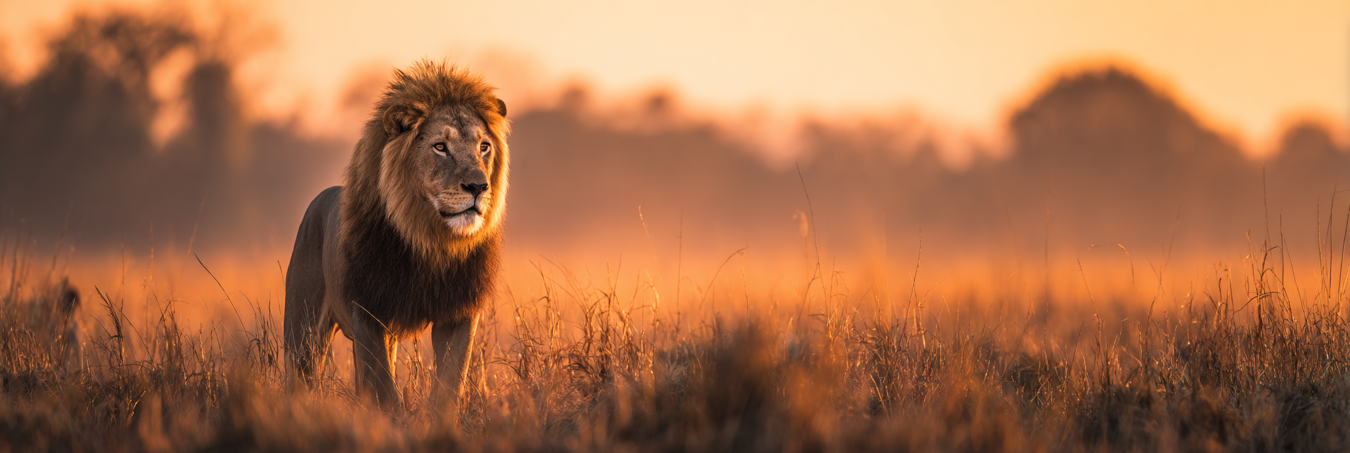 Majestätischer Löwe In Grasiger Landschaft Bei Sonnenaufgang Oder Sonnenuntergang | Safari und Wildtiere | Tiere