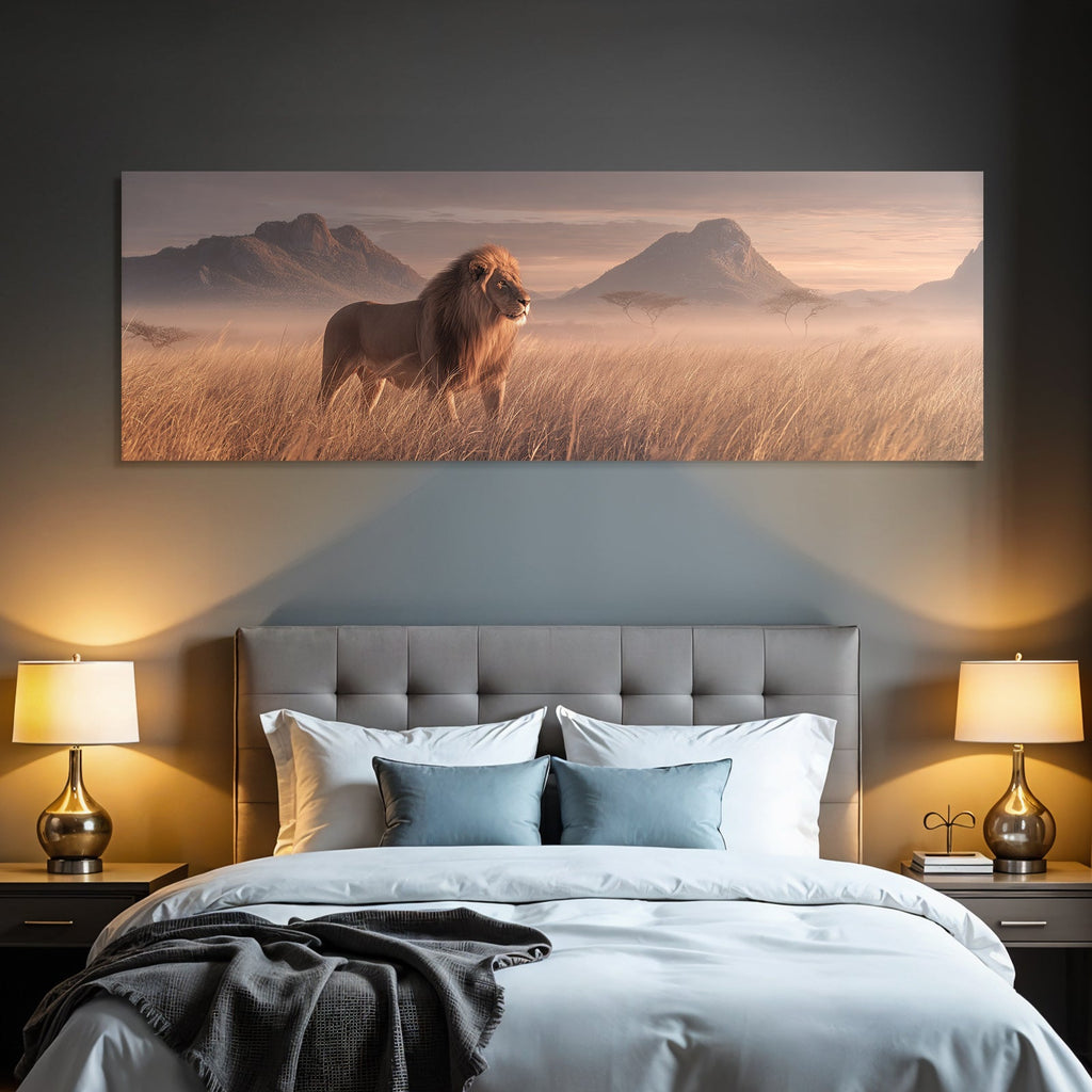 Majestätischer Löwe In Grasland Mit Bergen Im Hintergrund Dawn Dusk