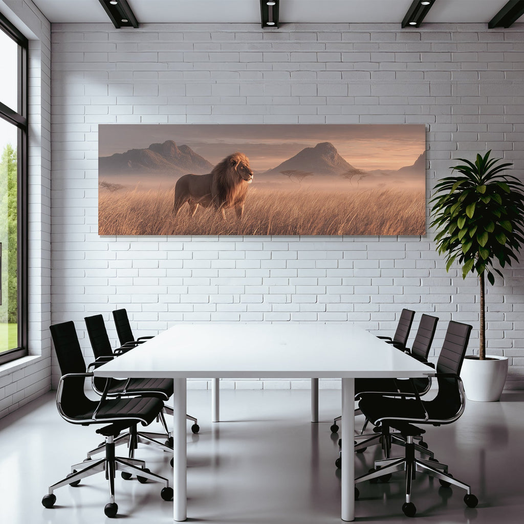 Majestätischer Löwe In Grasland Mit Bergen Im Hintergrund Dawn Dusk