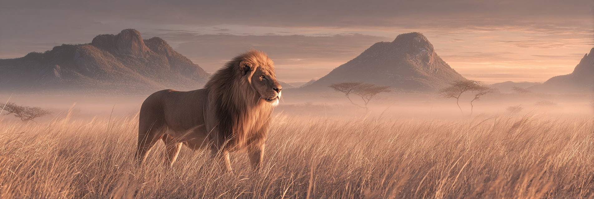 Majestätischer Löwe In Grasland Mit Bergen Im Hintergrund Dawn Dusk | Safari und Wildtiere | Tiere