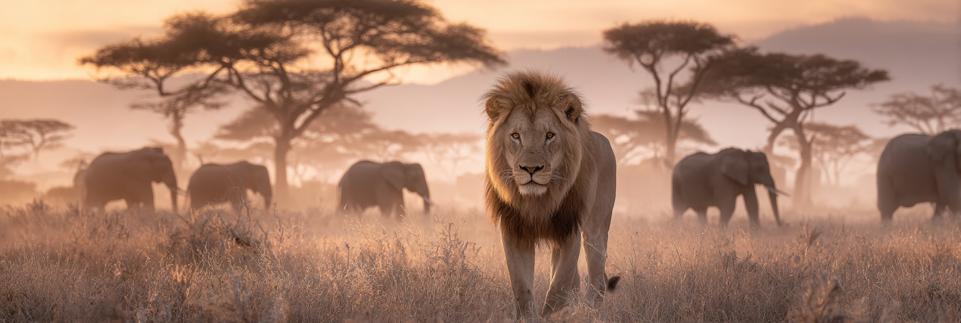 Majestätischer Löwe Sunset Safari Afrikalandschaft | Safari und Wildtiere | Tiere