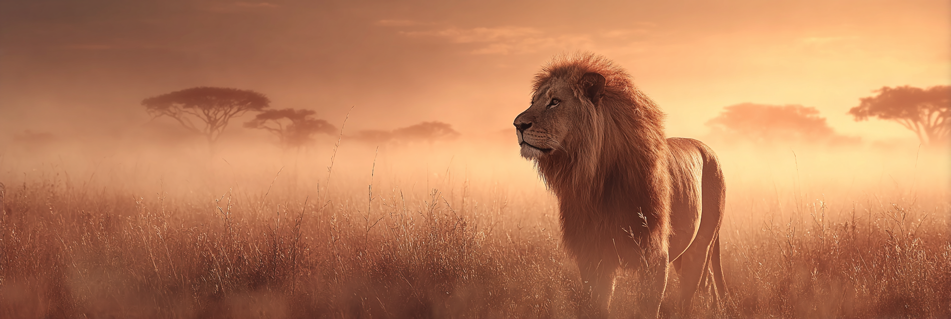 Majestetischer Löwe Im Misty Goldenen Landschaft Savanne | Safari und Wildtiere | Tiere