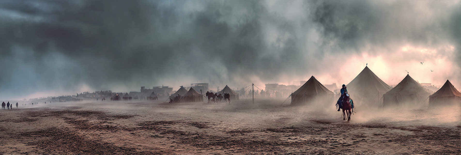 Mistige Atmosphärische Szene Mit Zelten Im Sandigen Land Unter Dunklen Himmel | Safari und Wildtiere | Tiere