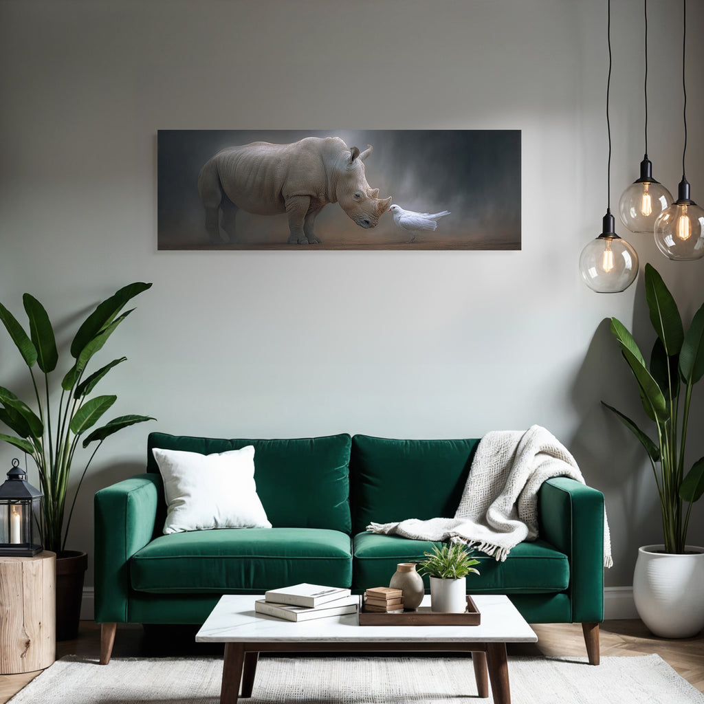 Nashorn Und Weisser Bird In Nebliger Atmosphäre