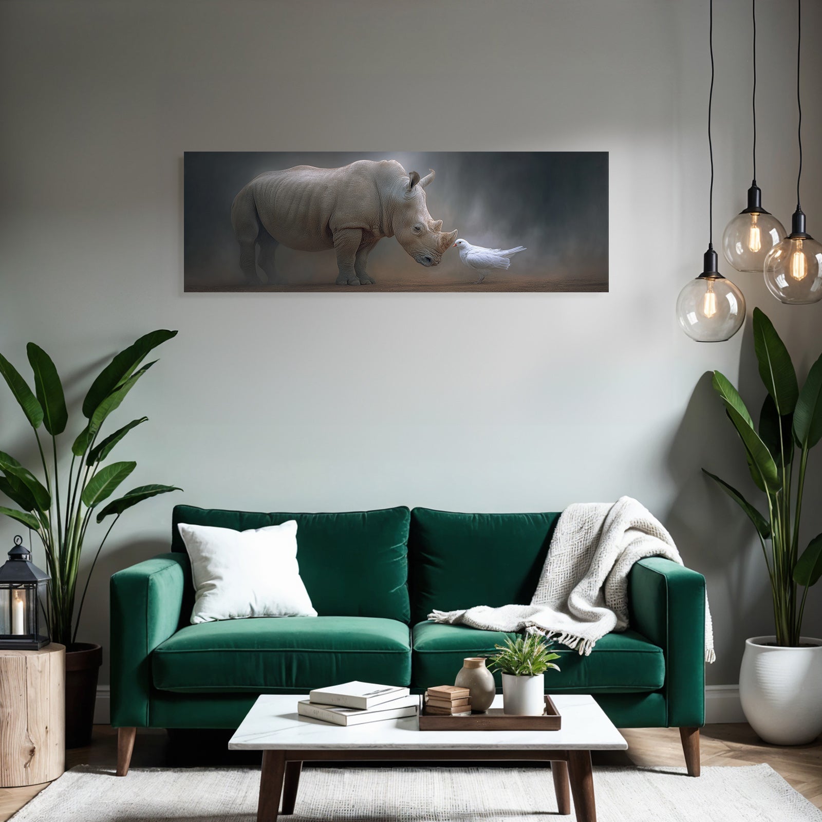 Nashorn Und Weisser Bird In Nebliger Atmosphäre