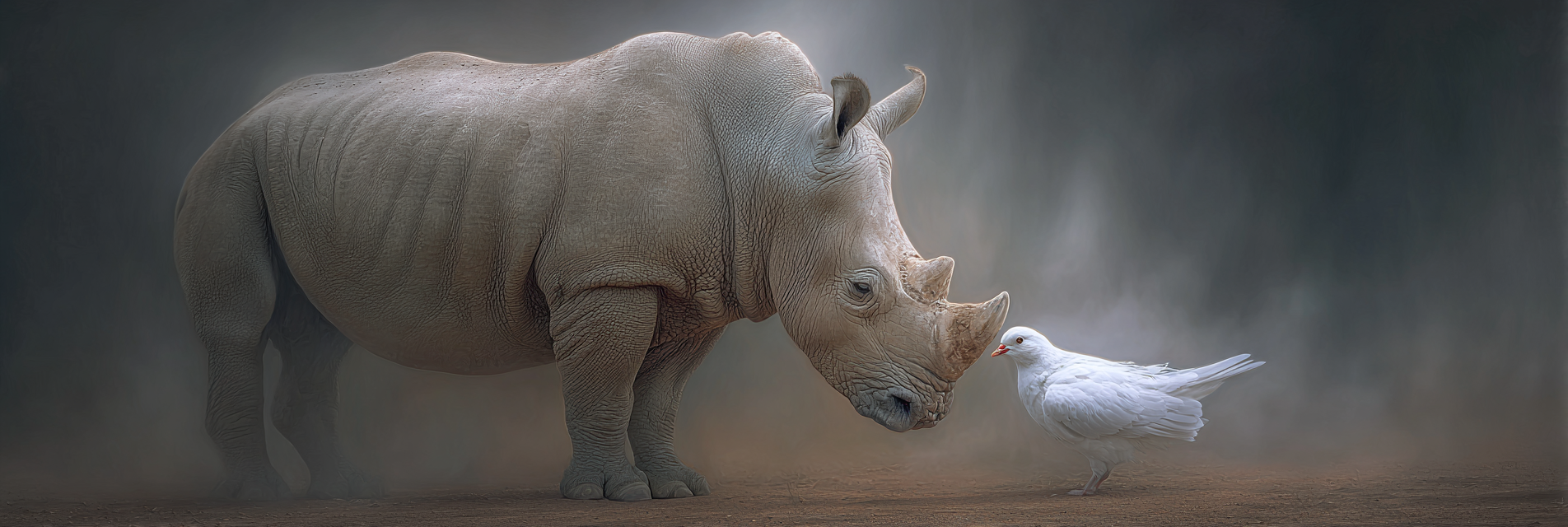 Nashorn Und Weisser Bird In Nebliger Atmosphäre | Safari und Wildtiere | Tiere