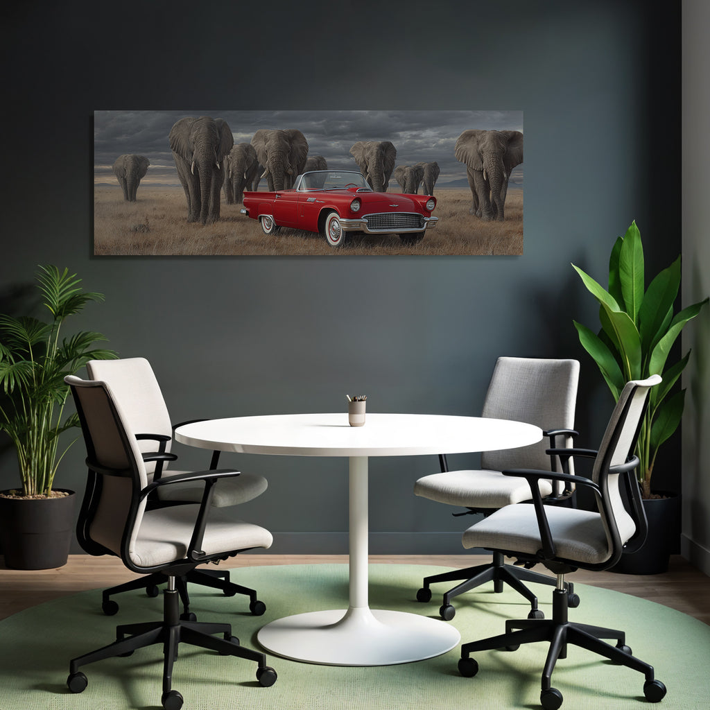 Rote Konvertible Autopark Im Savannenaussicht Mit Elefanten Himmel