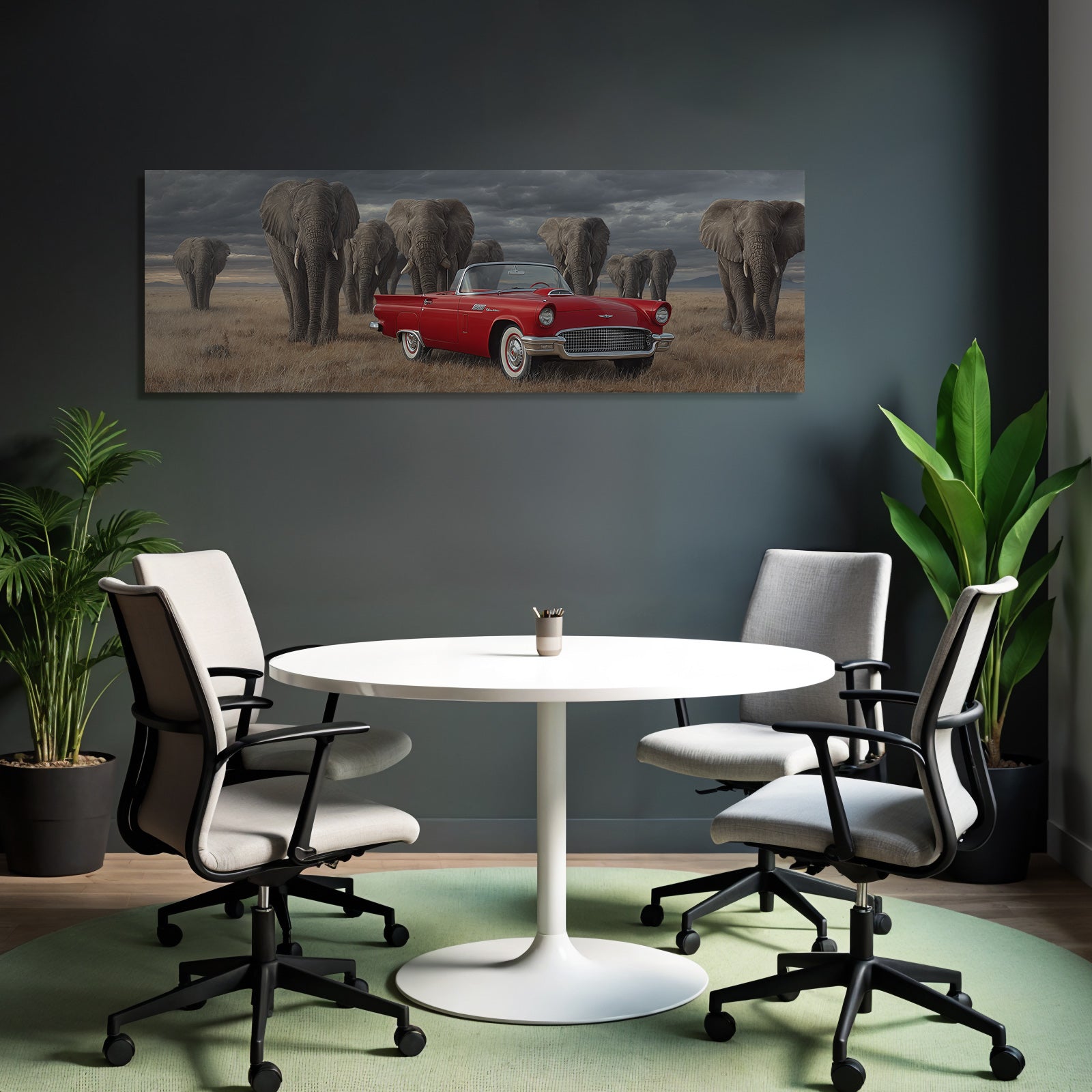 Rote Konvertible Autopark Im Savannenaussicht Mit Elefanten Himmel