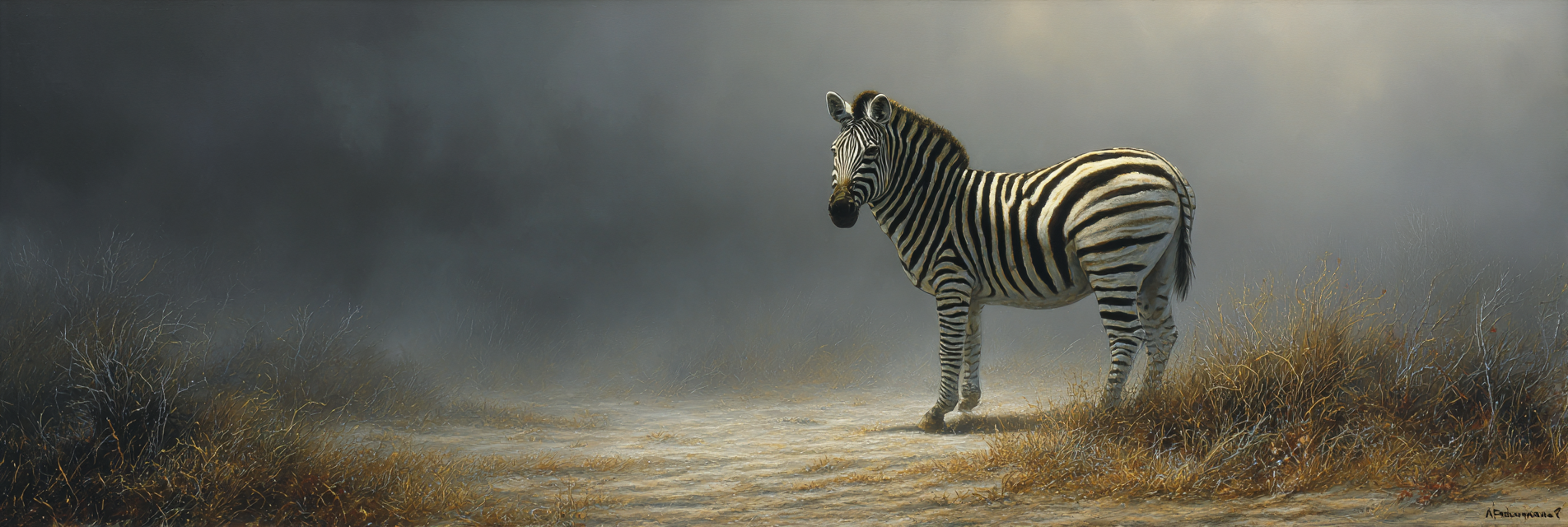 Zebra Im Nebel Mit Trockenem Gras Stille Natur | Safari und Wildtiere | Tiere
