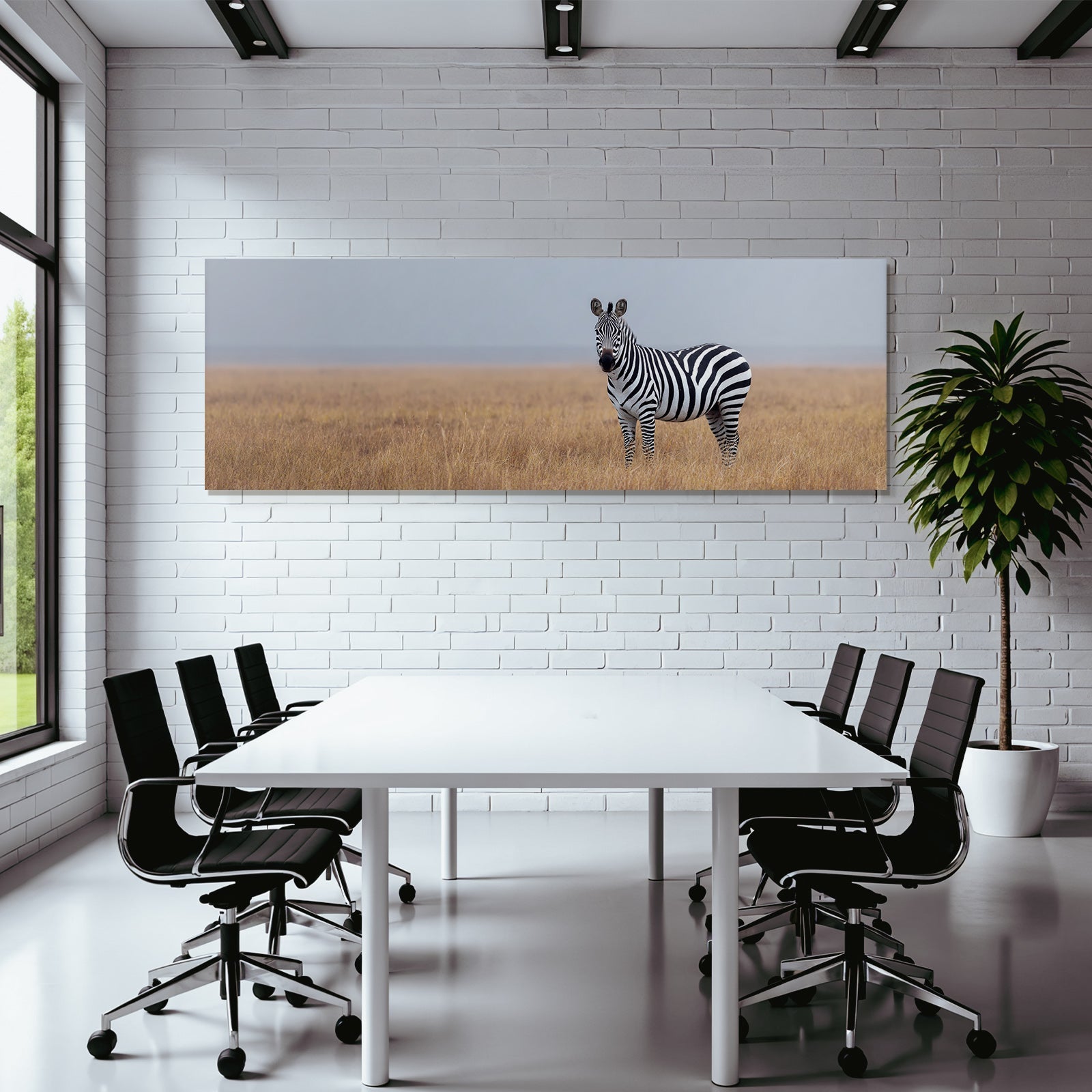 Zebra In Einer Grüne Wiese Mit Einer Naturlichen Umgebung