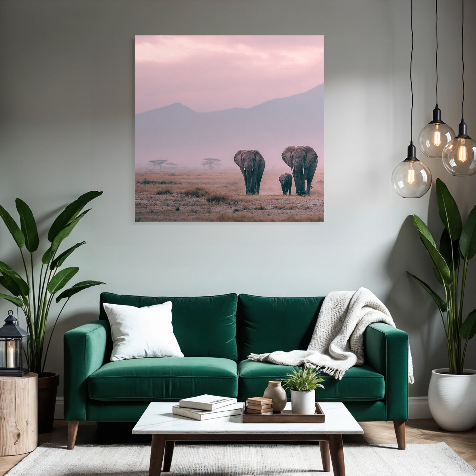 Affen Elefant Familie Sonnenaufgang Mit Bergen