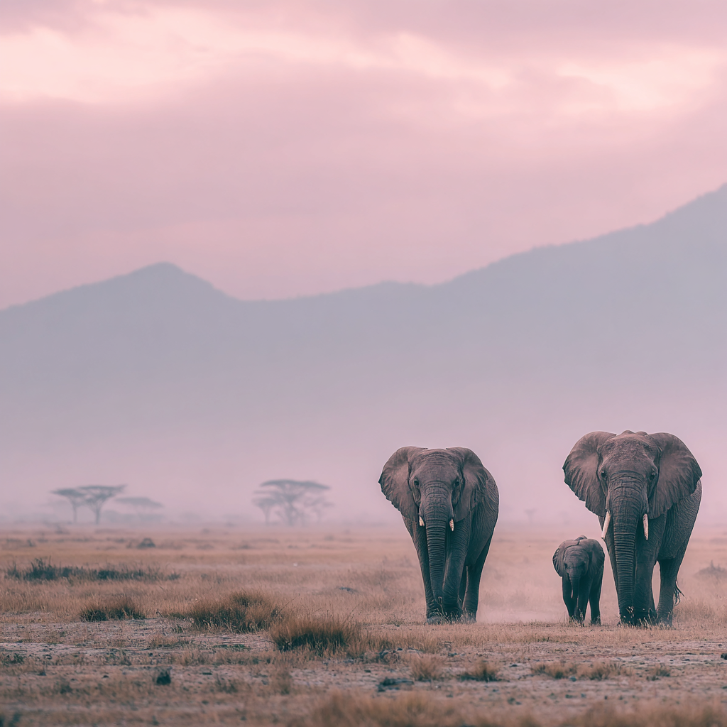 Affen Elefant Familie Sonnenaufgang Mit Bergen | Safari und Wildtiere | Tiere
