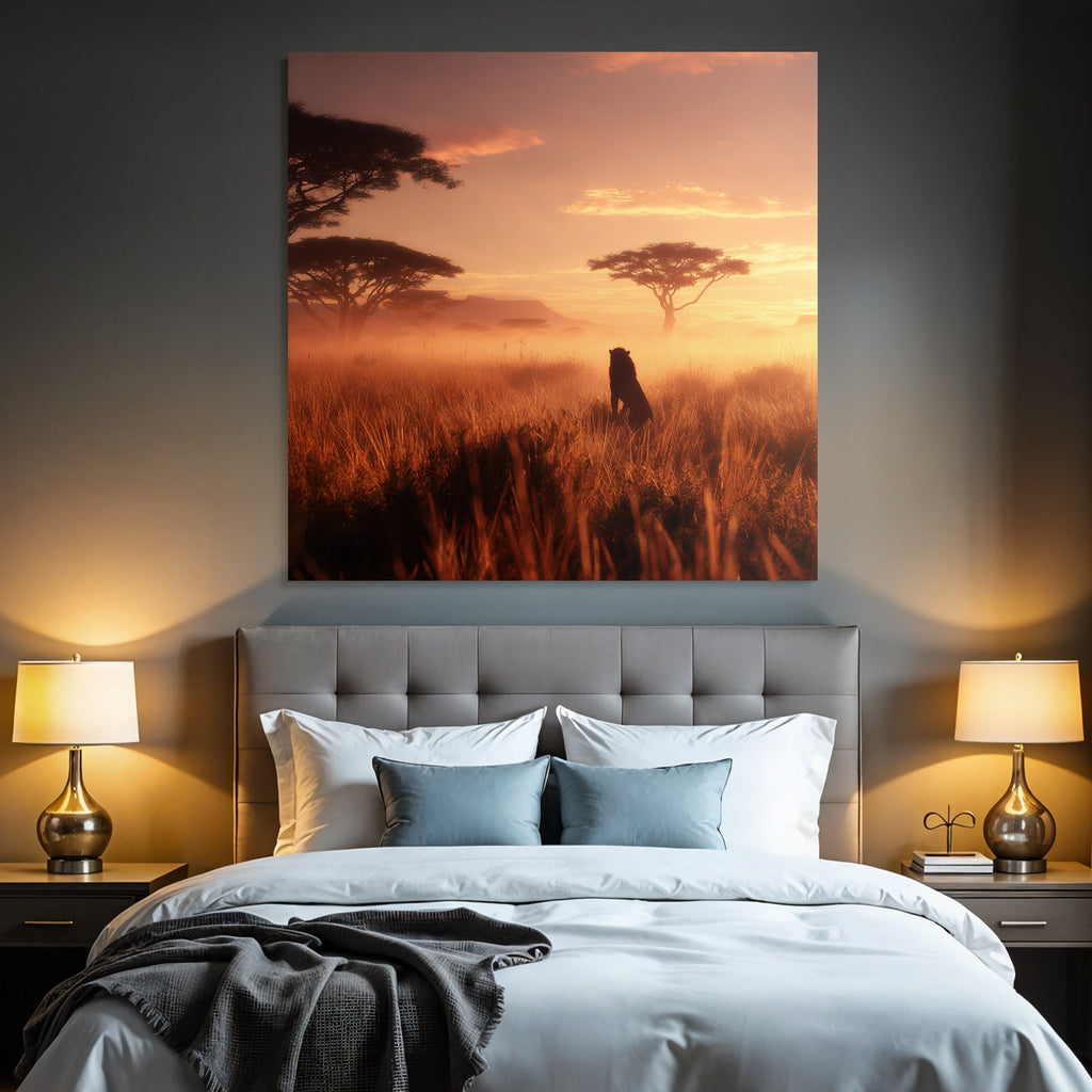 African Sunset Landschaft Löwe Savanne Mit Acacia Bäumen
