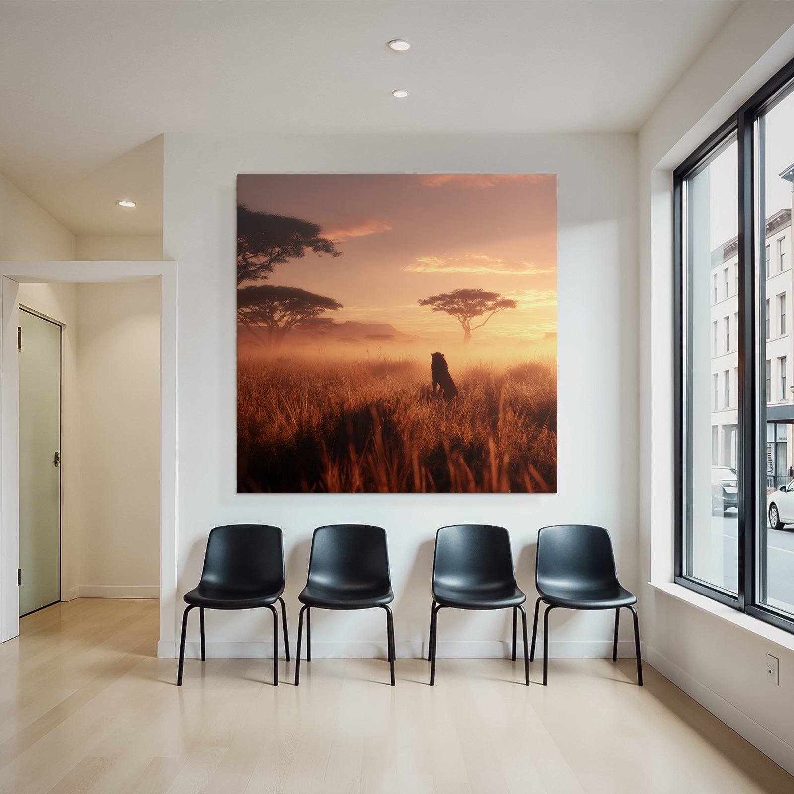 African Sunset Landschaft Löwe Savanne Mit Acacia Bäumen