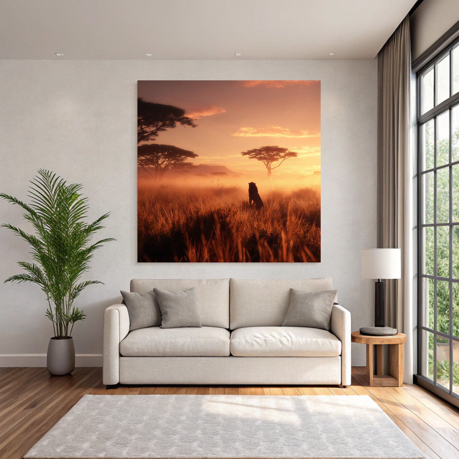 African Sunset Landschaft Löwe Savanne Mit Acacia Bäumen