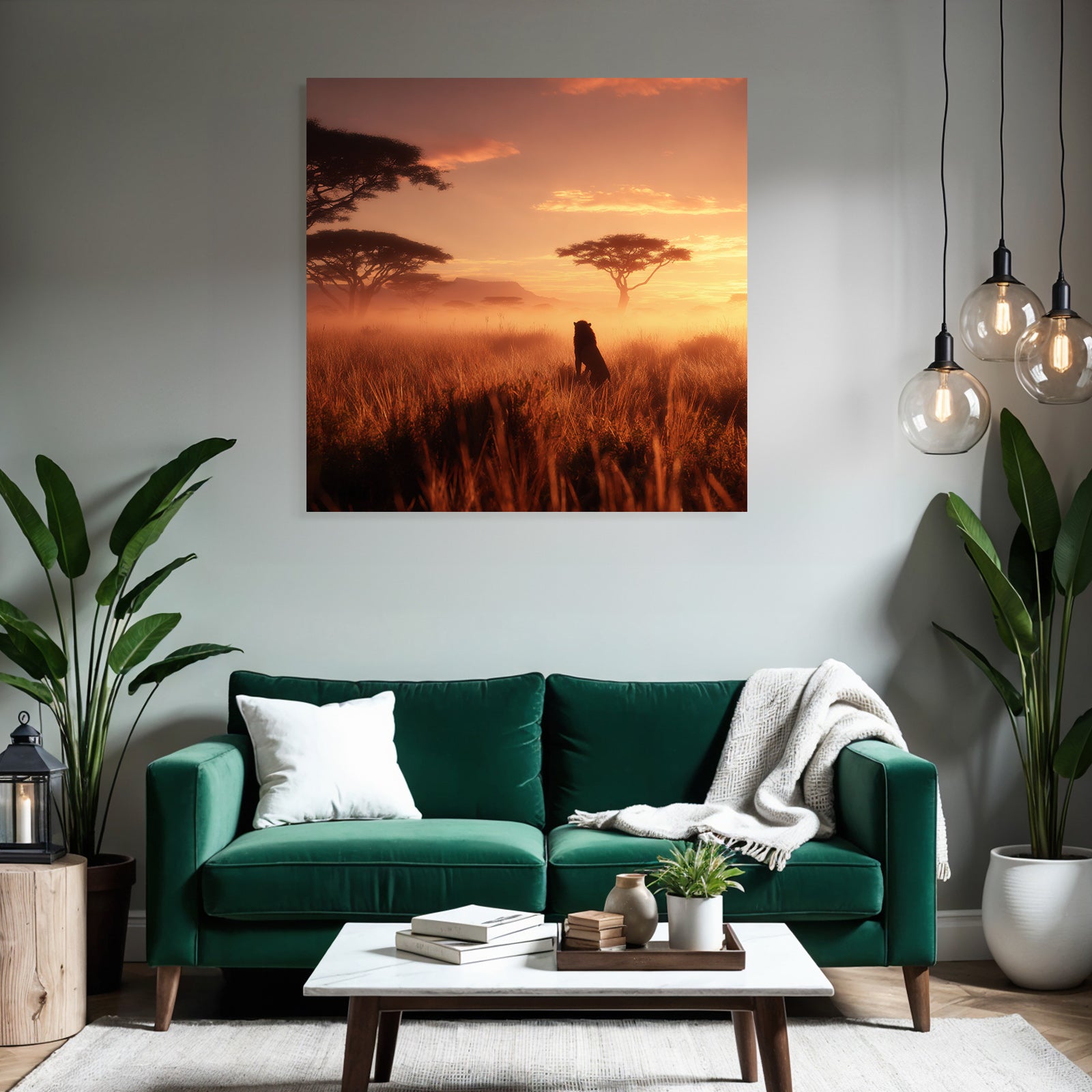 African Sunset Landschaft Löwe Savanne Mit Acacia Bäumen