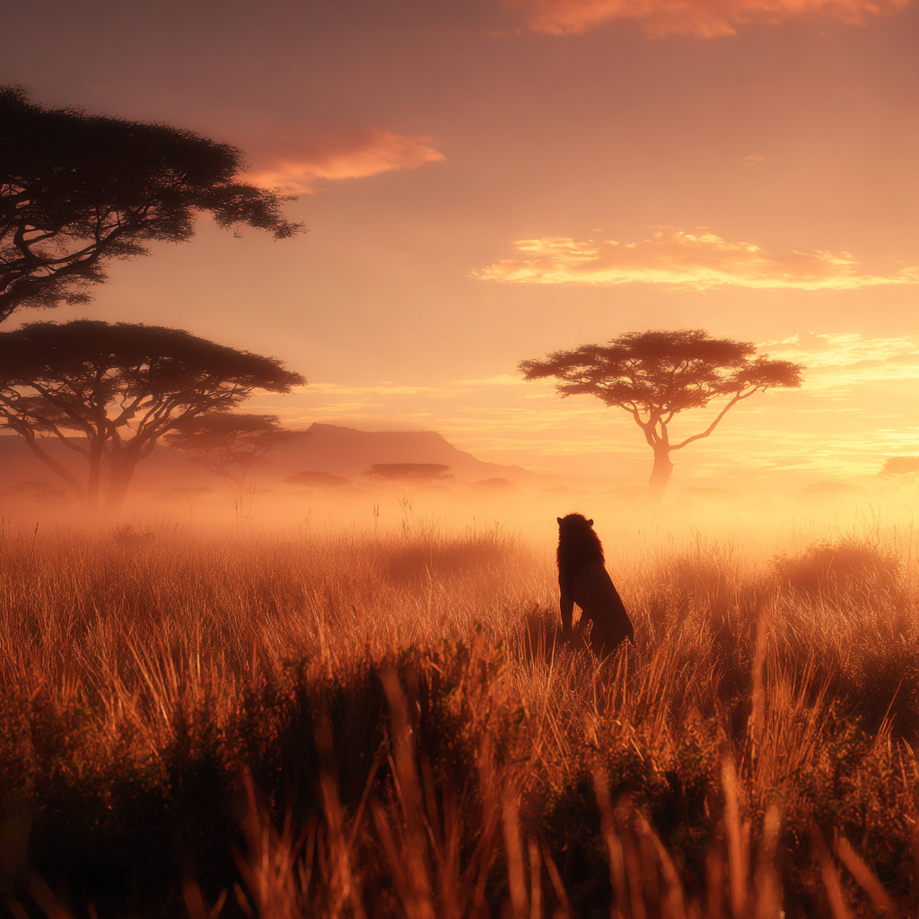 African Sunset Landschaft Löwe Savanne Mit Acacia Bäumen | Safari und Wildtiere | Tiere