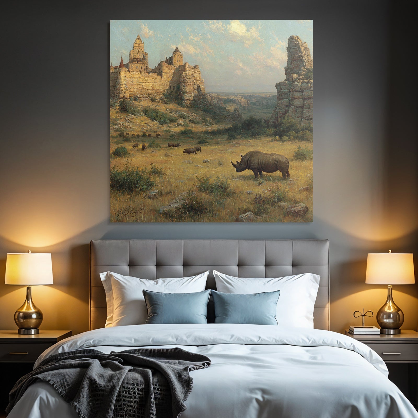 Burg Auf Hügel Mit Nashorn Vorgrund Und N Im Hintergrund