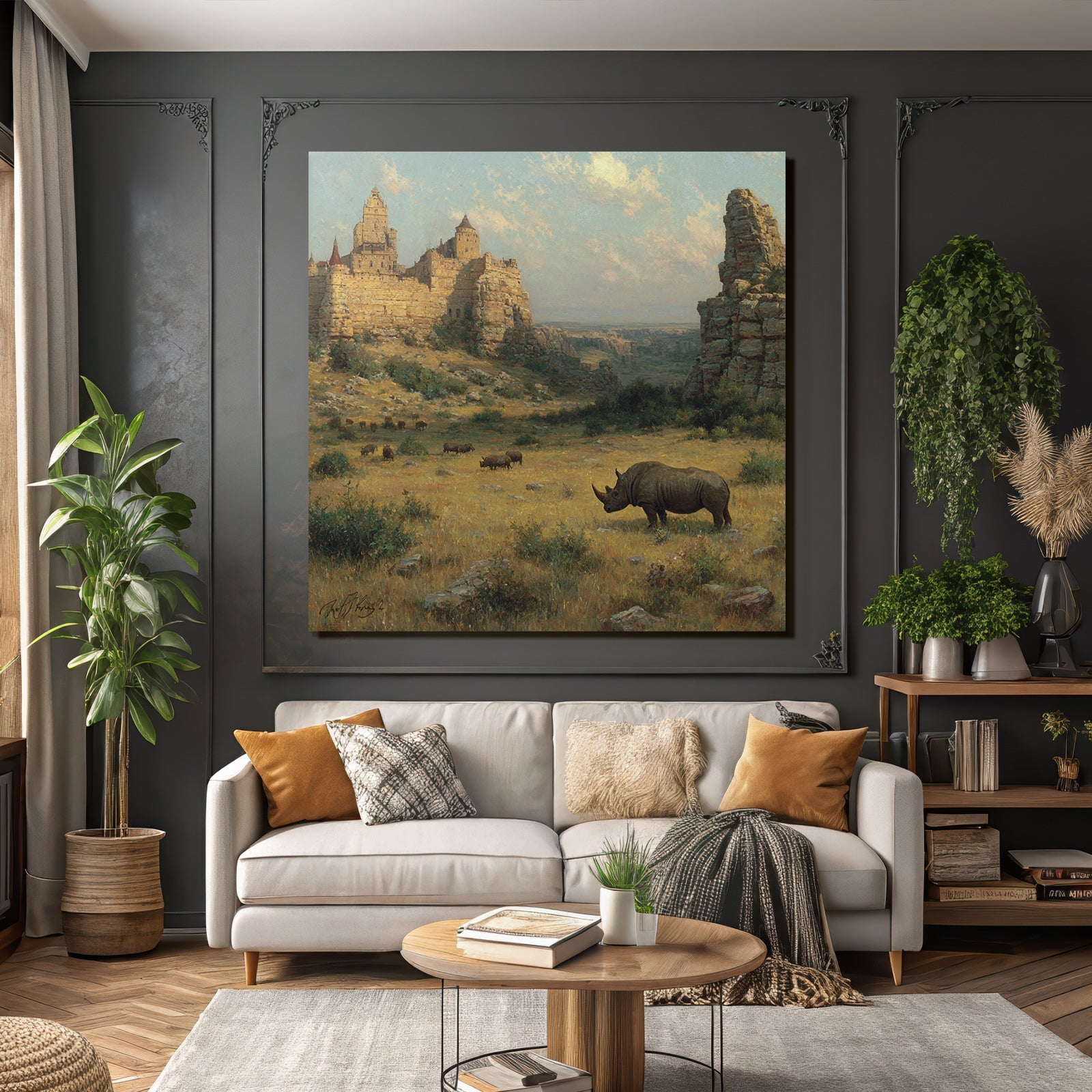 Burg Auf Hügel Mit Nashorn Vorgrund Und N Im Hintergrund