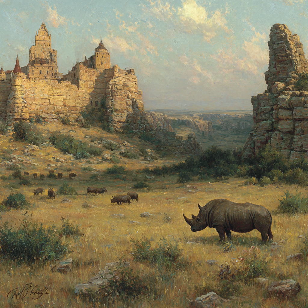 Burg Auf Hügel Mit Nashorn Vorgrund Und N Im Hintergrund | Safari und Wildtiere | Tiere
