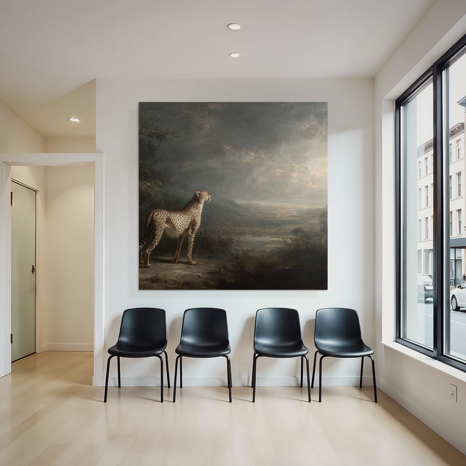 Cheetah Im Der Ruhigen Landschaft Mit Dramatischem Himmel