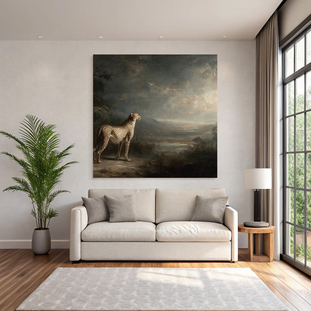 Cheetah Im Der Ruhigen Landschaft Mit Dramatischem Himmel