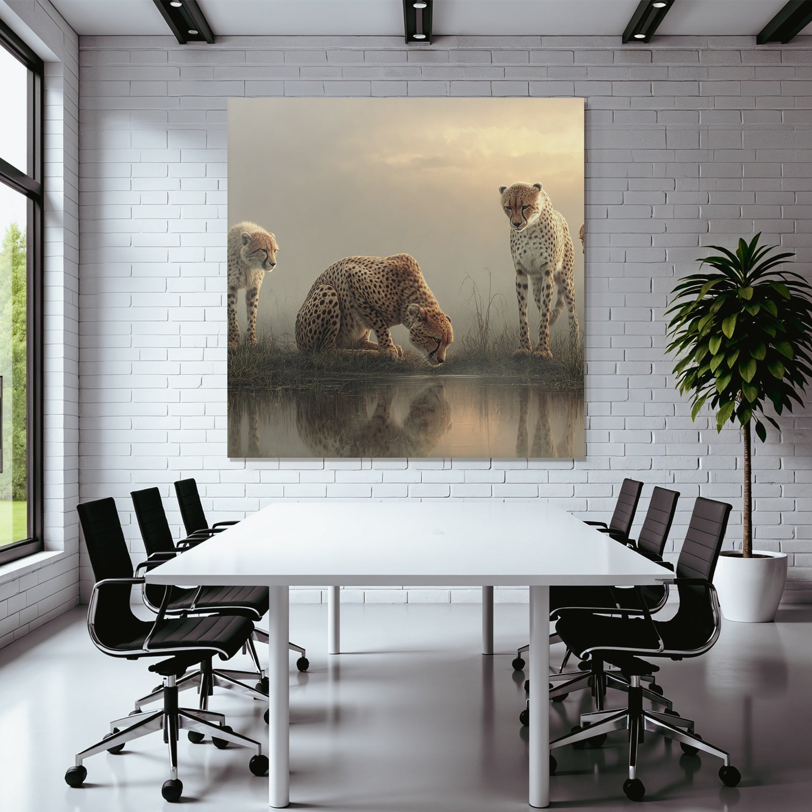Cheetahs In Misty Morning Scene Reflection In Water
