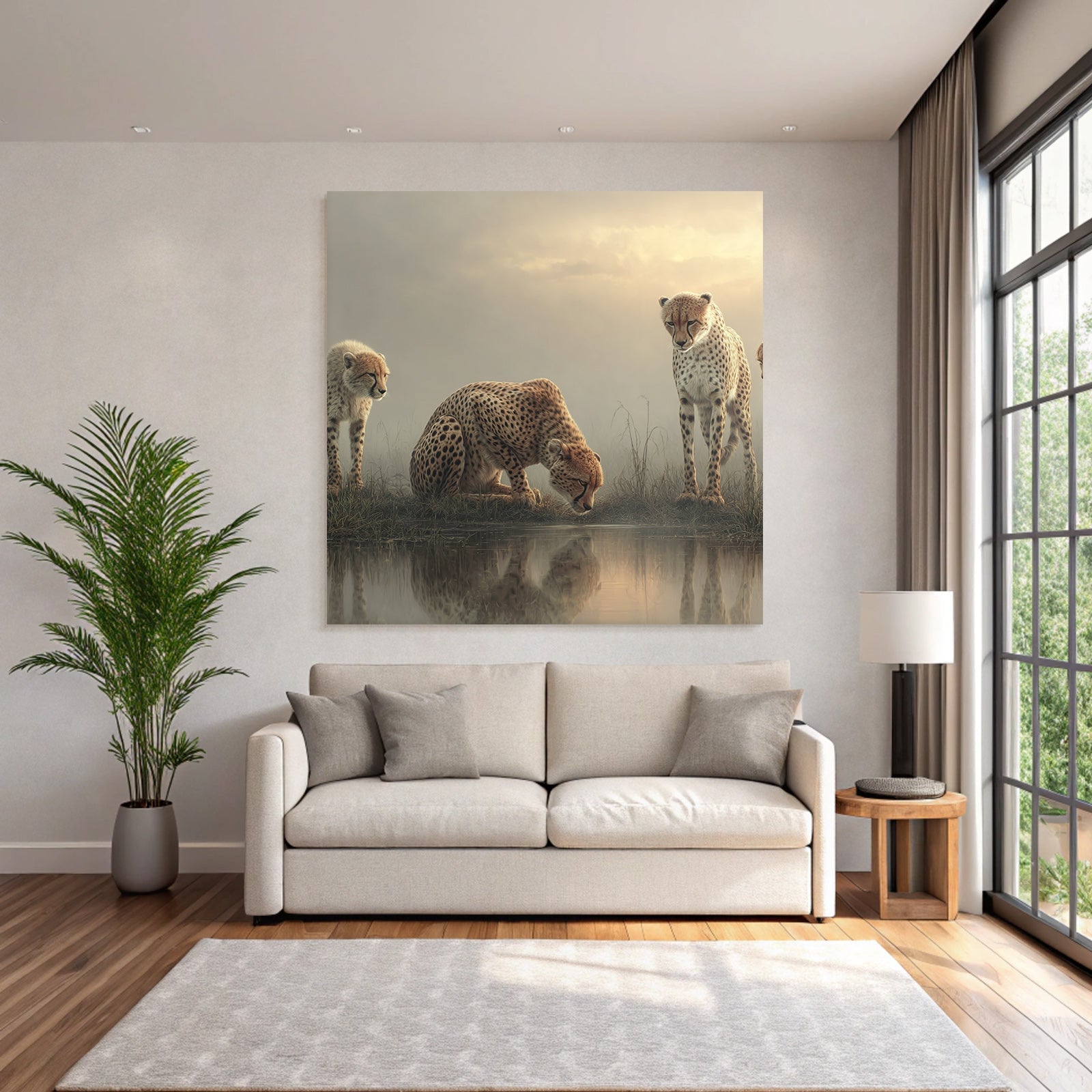 Cheetahs In Misty Morning Scene Reflection In Water