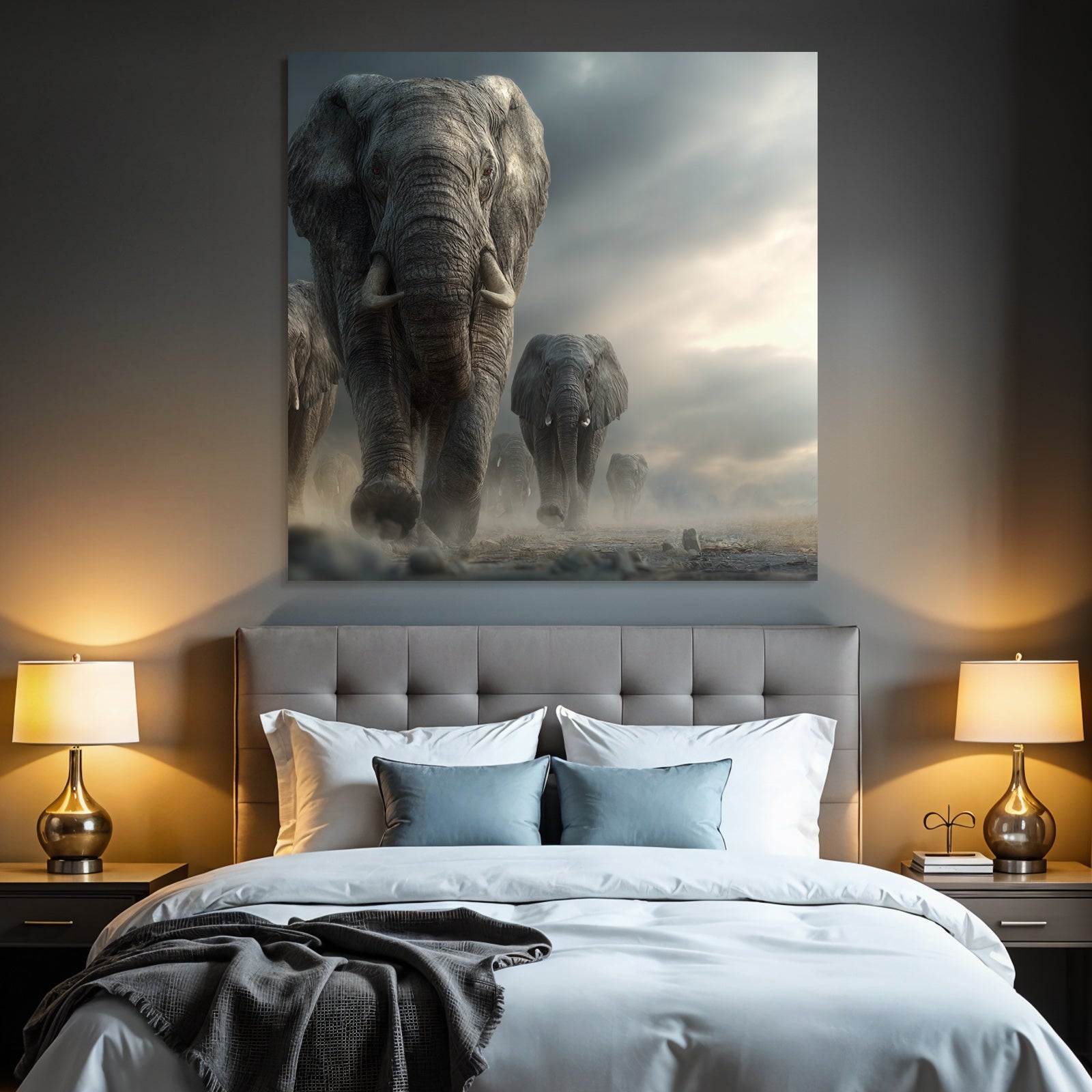 Elefanten Durch Mystische Landschaft Dramatisches Licht