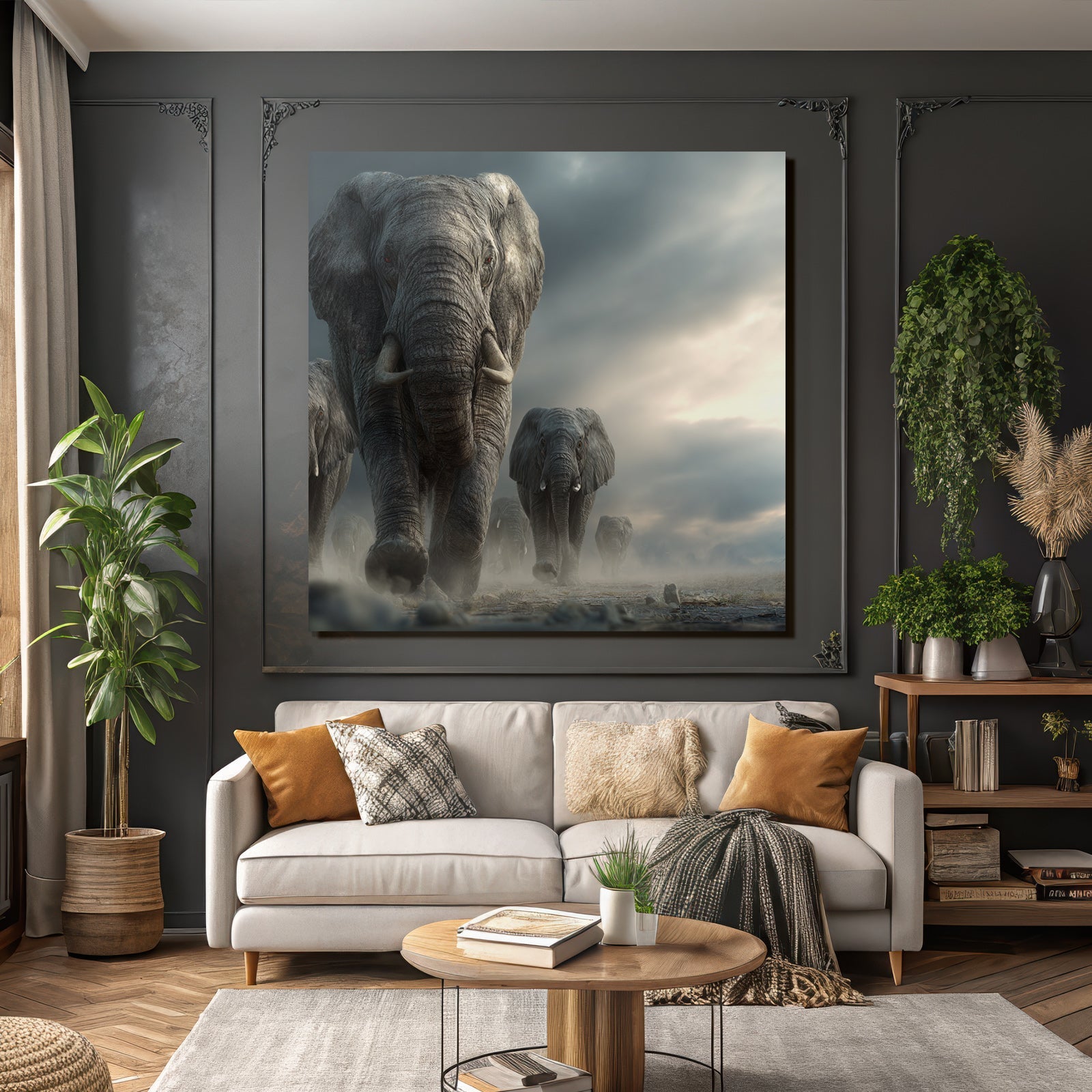 Elefanten Durch Mystische Landschaft Dramatisches Licht