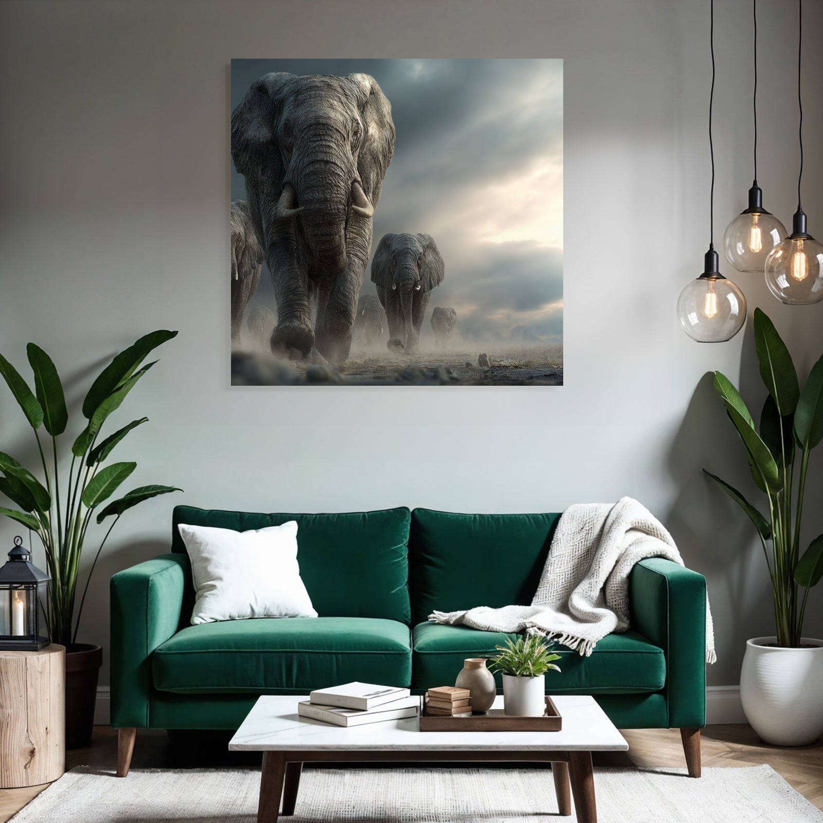 Elefanten Durch Mystische Landschaft Dramatisches Licht