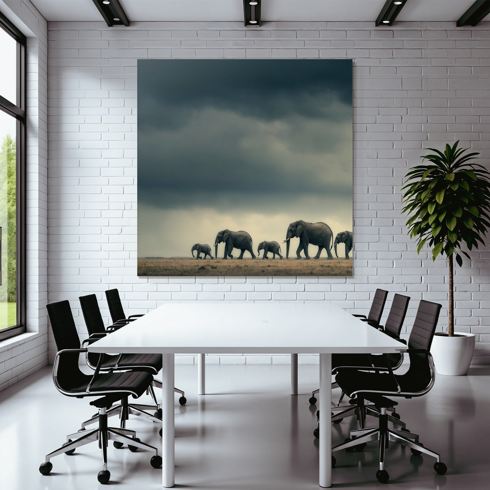 Elefanten Gruppen Spaziergang Hinter Dunklen Wolken Savanne