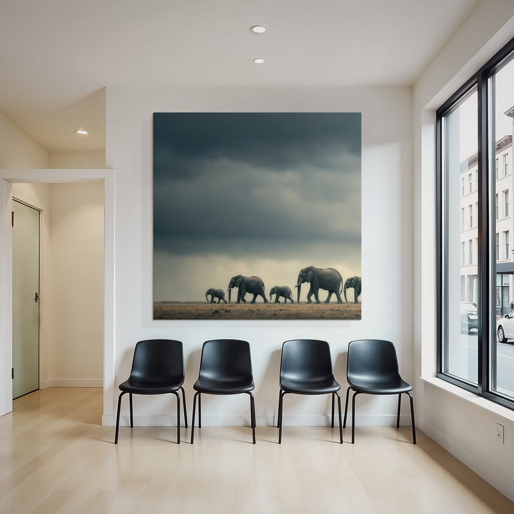Elefanten Gruppen Spaziergang Hinter Dunklen Wolken Savanne