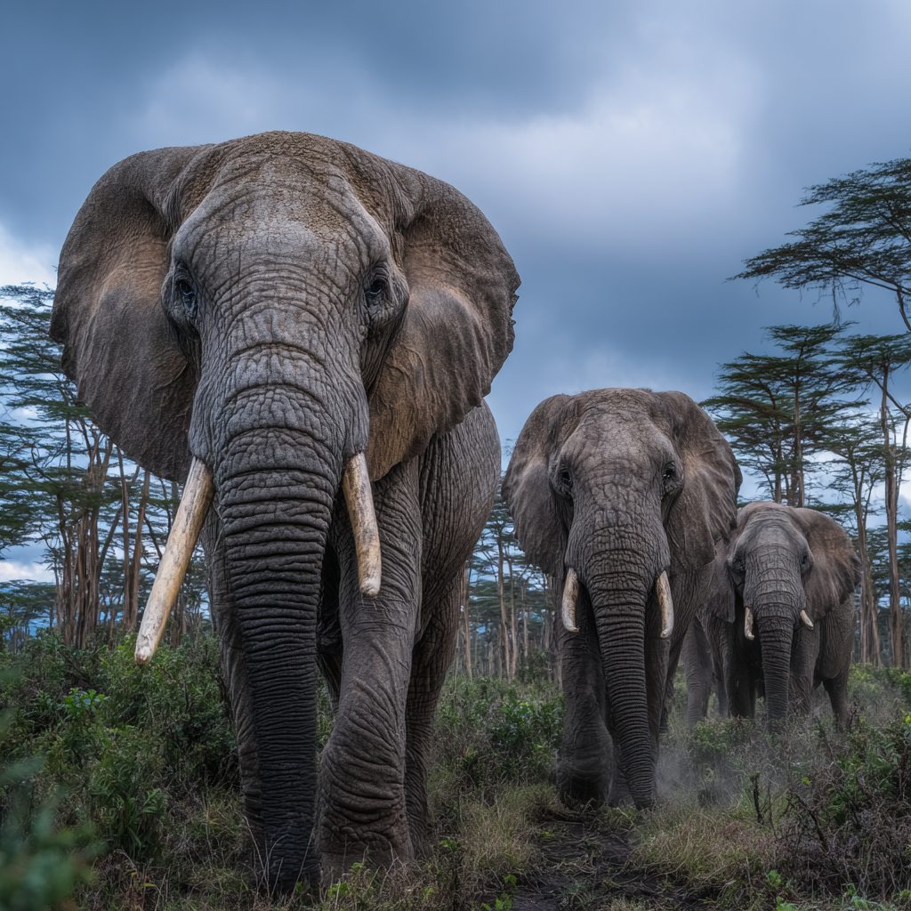 Elefanten Gruppenwandern In Natur Lebensraum Mit Grünen Bäumen Unter Bewöckte Himmel | Safari und Wildtiere | Tiere