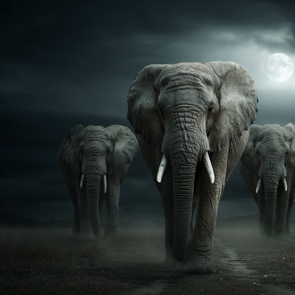 Elefanten Im Nebel Unter Dem Vollmond | Safari und Wildtiere | Tiere