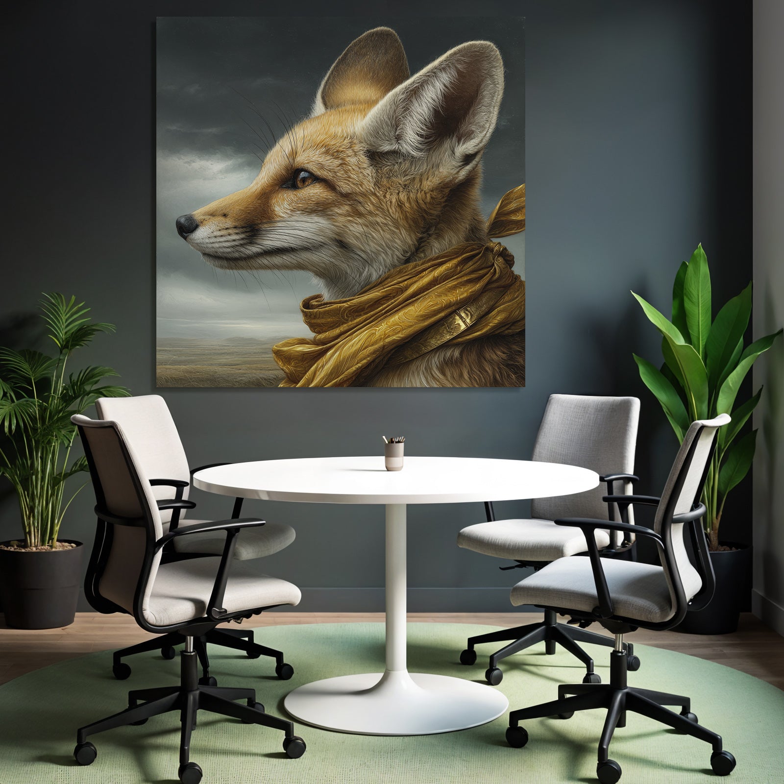 Fox Portrait Mit Goldenem Schal Im Moody Hintergrund