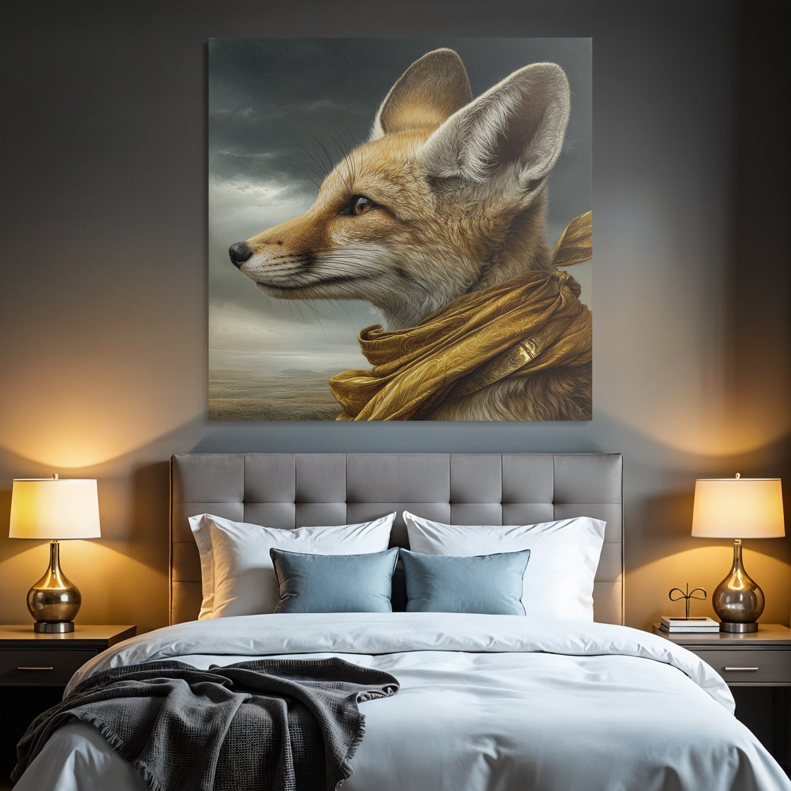 Fox Portrait Mit Goldenem Schal Im Moody Hintergrund