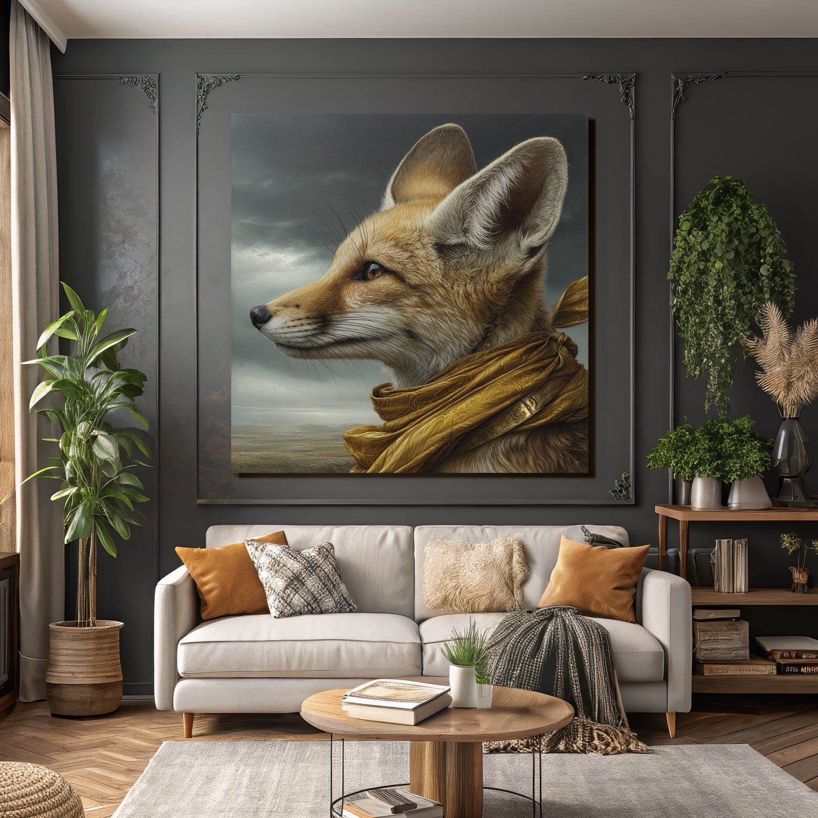 Fox Portrait Mit Goldenem Schal Im Moody Hintergrund