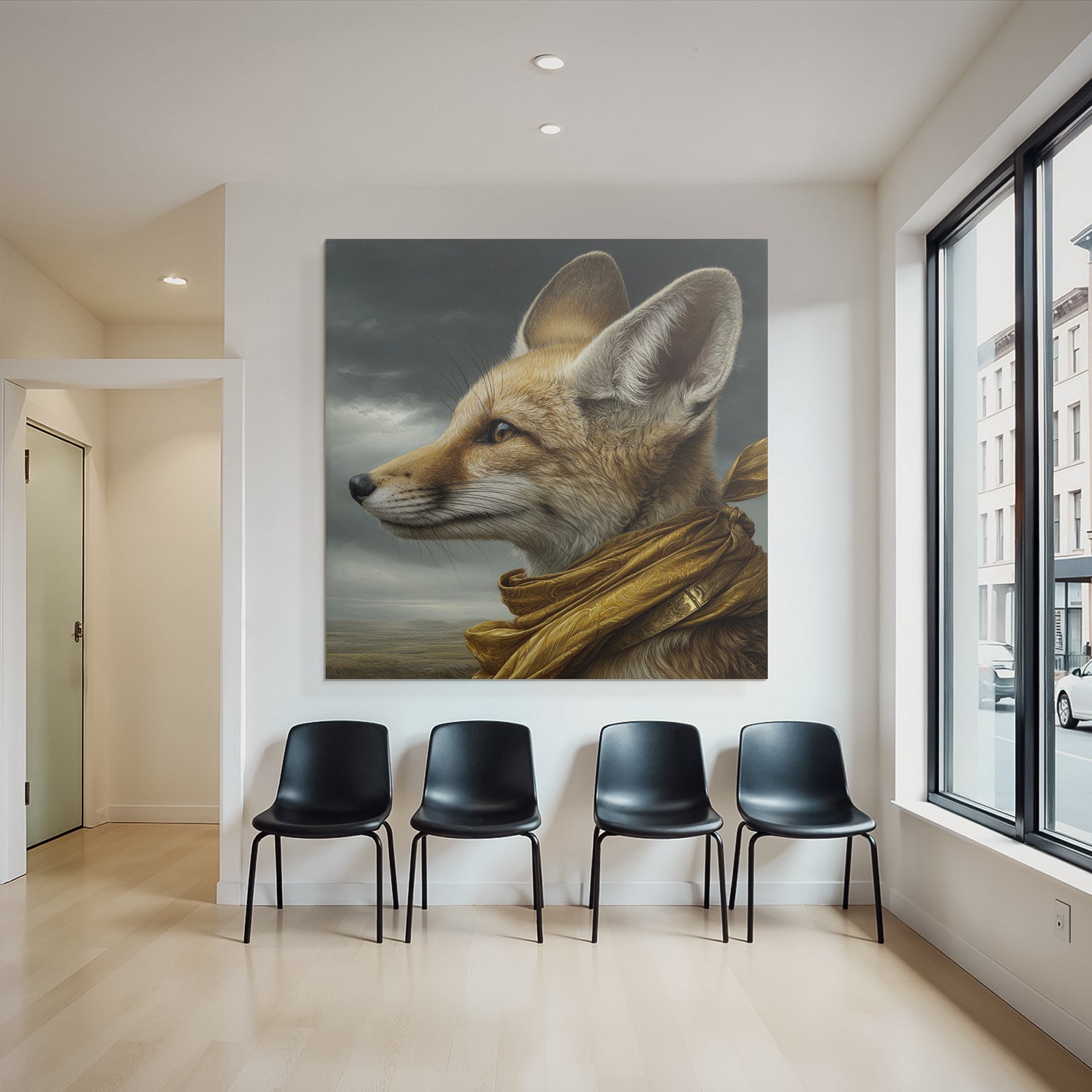 Fox Portrait Mit Goldenem Schal Im Moody Hintergrund