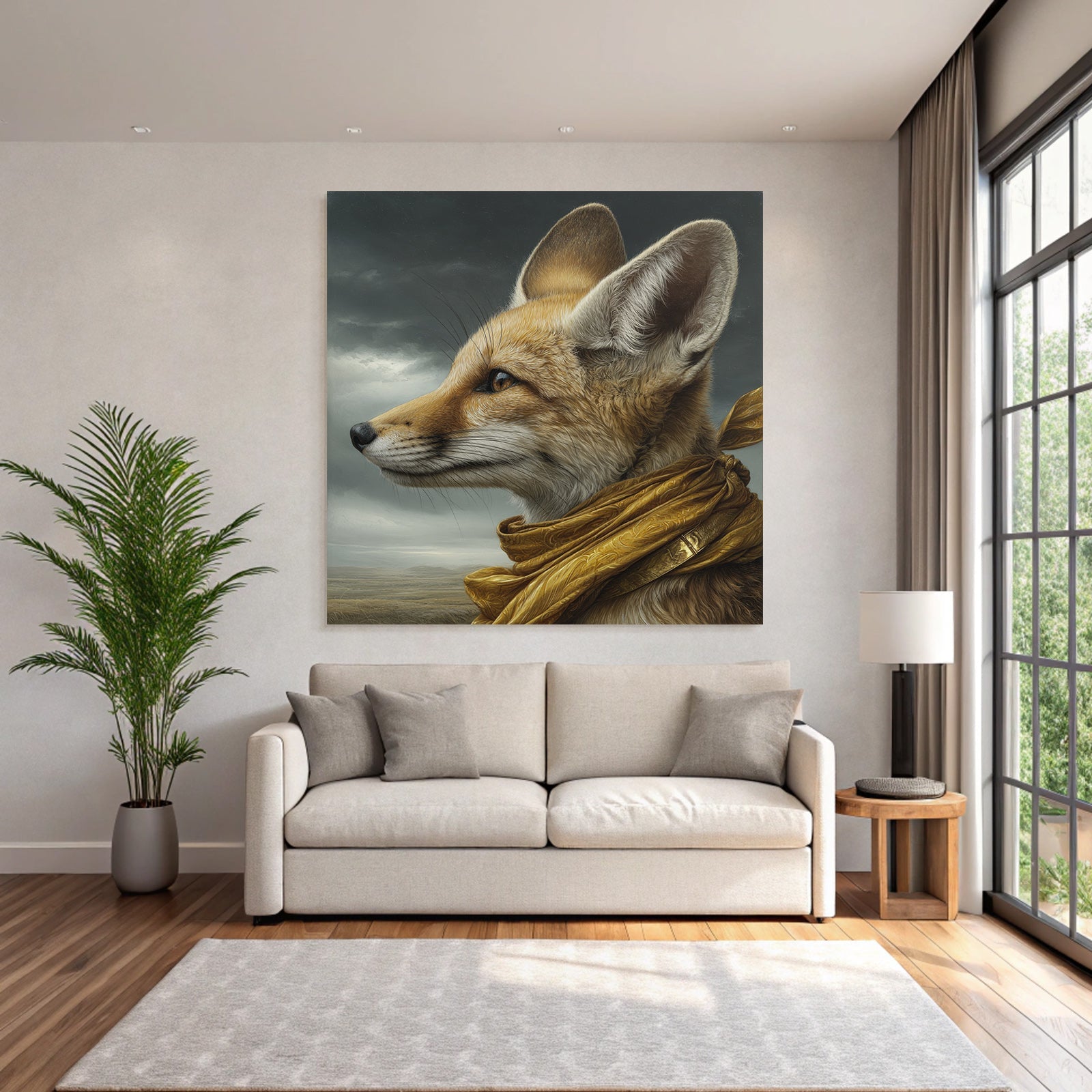 Fox Portrait Mit Goldenem Schal Im Moody Hintergrund